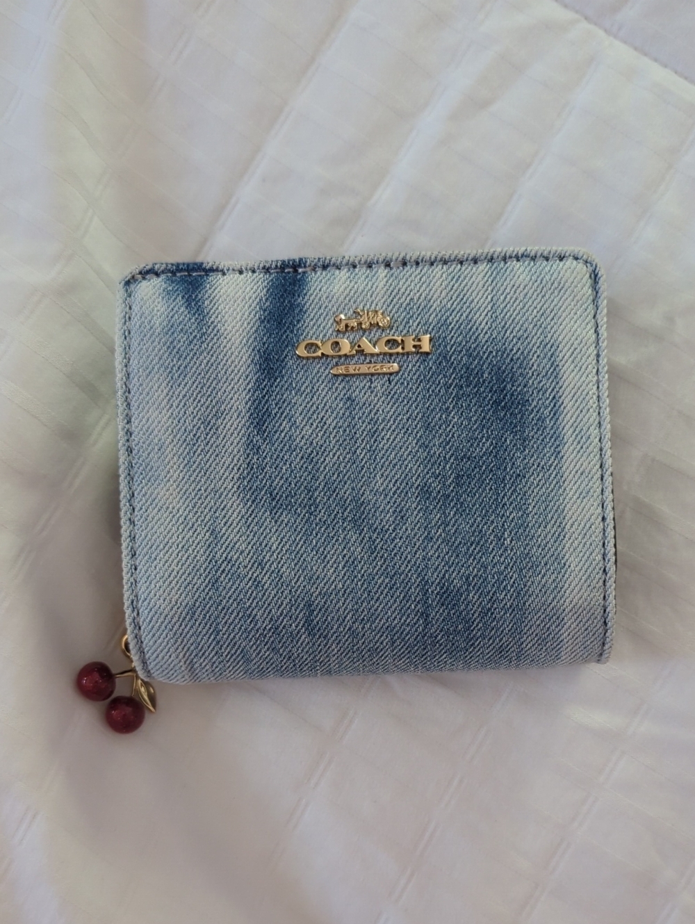 NWT- Coach Light Blue Loved Denim Zip Wallet with Cherry Charm